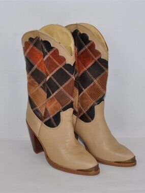 Vintage 80s Zodiac USA Leather Patchwork Cowboy Boots Brass Toe Tips 7M